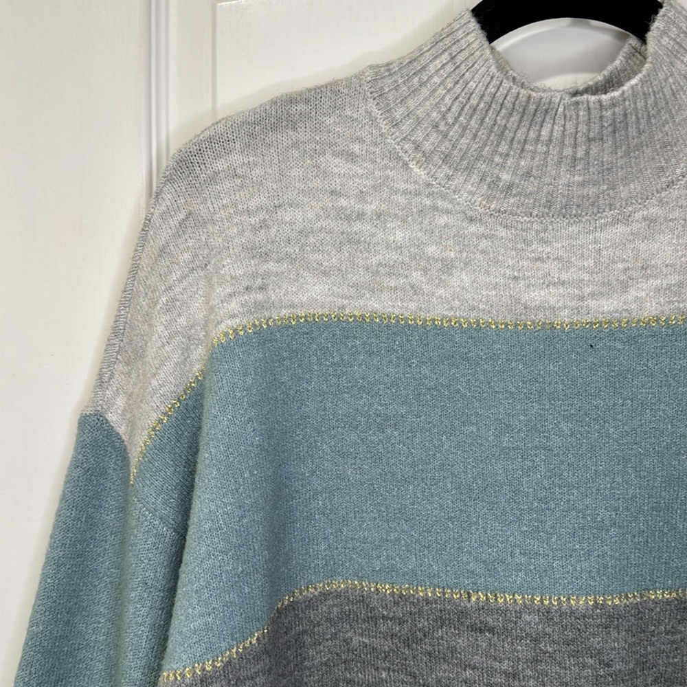 H Halston mock neck sweater, blue and gray striped with gold detail, size L - Picture 2 of 14